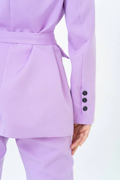 Крупним Планом Задній Вид Тканини Фіолетовий Жіночий Піджак Штани Пояс — стокове фото