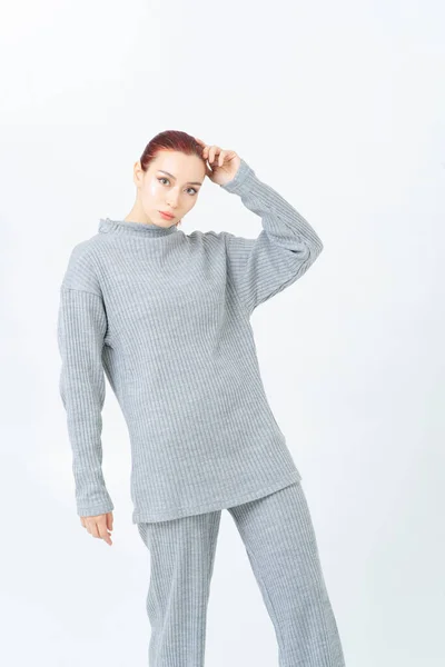 Asian Woman Red Hair Standing Gray Cashmere Pajama Suit Warm — Stock Photo, Image