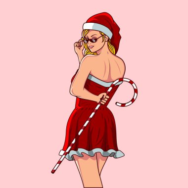 Noel giysisinin Noel versiyonunda elinde çubuk şeker tutan tatlı Noel kızı.