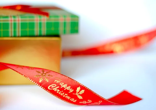 New Year Red Ribbon Inscription Merry Christmas Part Open New — Stock Photo, Image