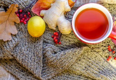 Siyah çay, limon, zencefil kökü, sonbahar yaprakları ve gri örülmüş eşarbın üzerinde duran yaban mersini.