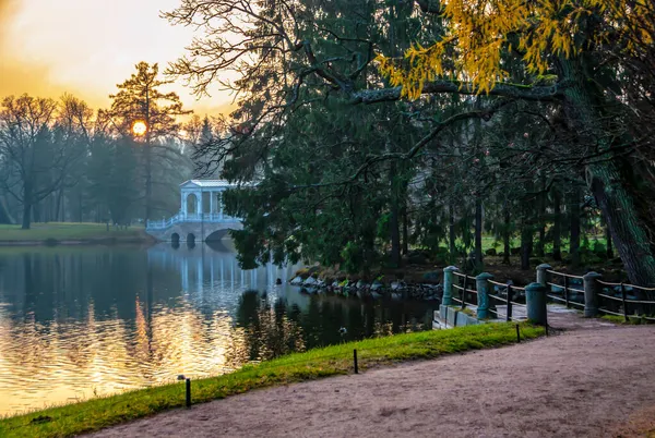View Marble Bridge Autumn Catherine Park Sunset Tsarskoye Selo Pushkin — Stock Photo, Image