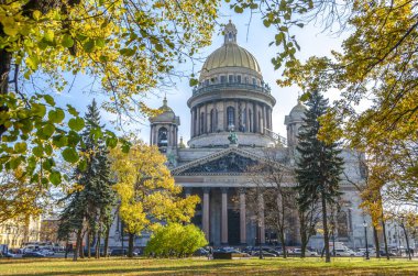 Sonbahar Petersburg. St. Isaac Katedrali 'nin arka planında sonbahar yaprakları, St. Petersburg, Rusya