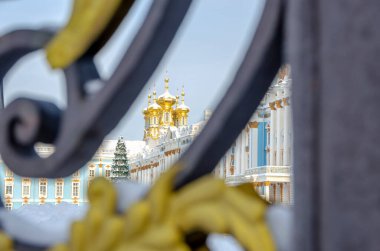 Altın kubbeler Tsarskoye Selo 'daki Catherine Sarayı' nın (Puşkin) giriş kapısının kafesinden görülebilir.