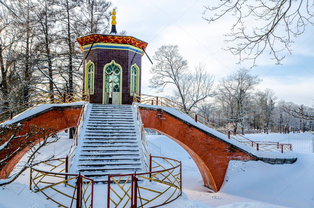 Cross bridge in winter Alexander park, Pushkin (Tsarskoe Selo), St. Petersburg, Russia