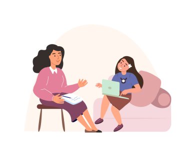 Öğretmen Öğretmen ve shcool kız dizüstü bilgisayarla birlikte oturuyor, birlikte çalışıyor. Öğretmen ve çocuk evde izliyor, okuyor ve öğreniyor. Beyaz arka planda izole edilmiş düz vektör çizimi