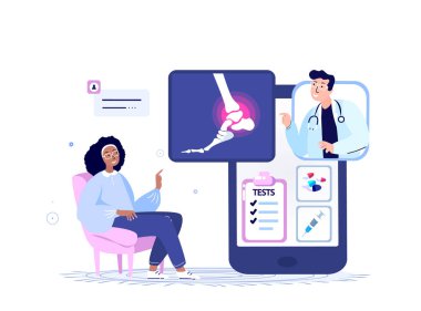 Çevrimiçi Travmatolog Doktor Danışmanlık Kadın Hastası. Ayak Eklem Ağrısı, Ayak Eklem İltihabı, Kemik Eklem iltihabı Teşhisi. İnternet Tedavisi. Dijital Tıp Hastanesi. Vektör İllüstrasyonu