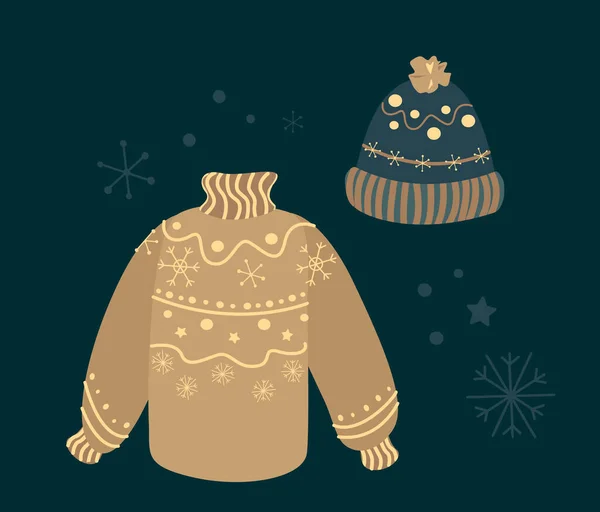 Set of knitted winterbWarm Beige Brown Woolen Hat and Sweater with Snowflakes Design.Christmas greeting card Vector illustration. Flat design for Shop advertising web concept cartoon illustration. — Stock Vector