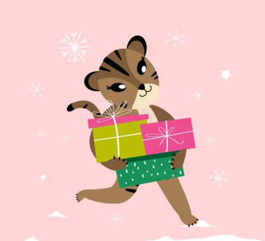 Mutlu Yeni Yıl Reklamları Kırmızı Bayrak Alış-verişi. Noel Alışverişi, Festive Purchase. Sevimli Çizgi Film Kaplanı, Kutulu Kedi, Hediyelik Posteri, Festive Holiday Poster, Kart, Başlık Web Sitesi. Reklam Resimleri