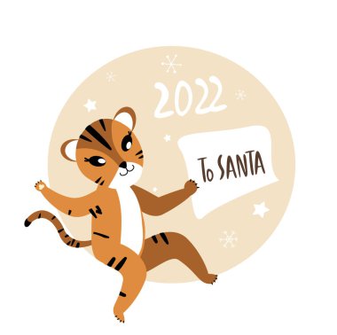 Noel, Yeni Yıl Kutlama Kartı. Noel Baba ile Şirin Çizgi Film Kaplanı Dilek Mektubu, Kış Tatilleri. Kedi Çin 2022 Sembolü. Kış Atmosferi.