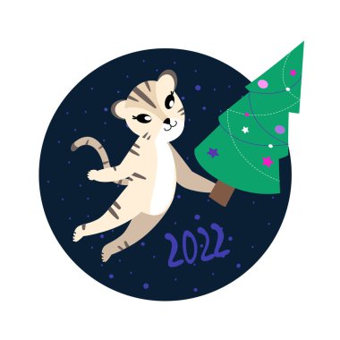 Çin Kaplanı, Yeni Yıl Kutlama Kartı. Yeni Yıl Ağaçlı Çizgi Film Kedisi. Çin 2022 Sembolü. Bayram Hayvanı. Kış Atmosferi.