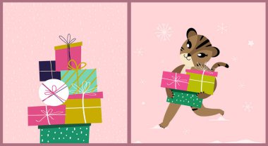 Mutlu Yeni Yıl Reklamları Kırmızı Bayrak Alış-verişi. Noel Alışverişi, Festive Purchase. Sevimli Çizgi Film Kaplanı, Kutulu Kedi, Hediyelik Posteri, Festive Holiday Poster, Kart, Başlık Web Sitesi. Reklam Resimleri