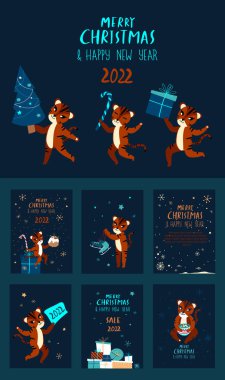 Bir çift şirin çizgi film kaplanı. Tebrik Kartları. Yeni Yıl Yıl Yırtıcısı, Noel Festivali Öznitelikleri. Çin Yeni Yıl Sembolleri. Bayram Hayvanları Ayarları. Takvimler, Kartlar, Reklamlar Tasarımı.