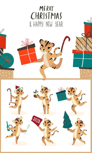 Conjunto Lindos Tigres Dibujos Animados Tarjetas Felicitación Gatos Año Nuevo — Archivo Imágenes Vectoriales