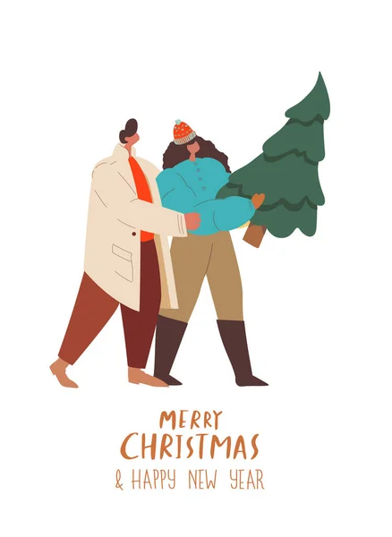 Weihnachtsglückliche Fröhliche Menschen Tragen Weihnachtsbaum Junger Mann Und Frau Umarmen — Stockvektor
