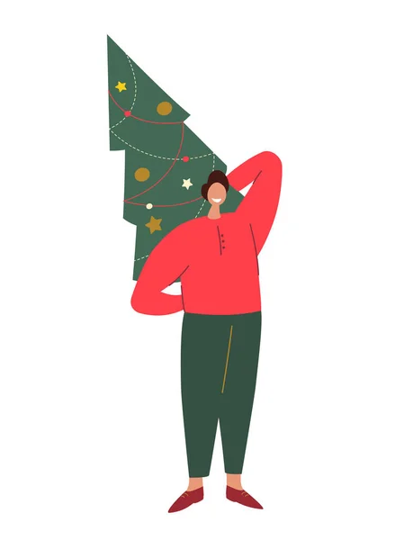 Feliz Natal Feliz homem carregando árvore de Xmas. Menino, cara se preparando para férias de inverno na véspera de Ano Novo, árvore de abeto. Ilustração vetorial gráfica plana isolada sobre fundo branco —  Vetores de Stock