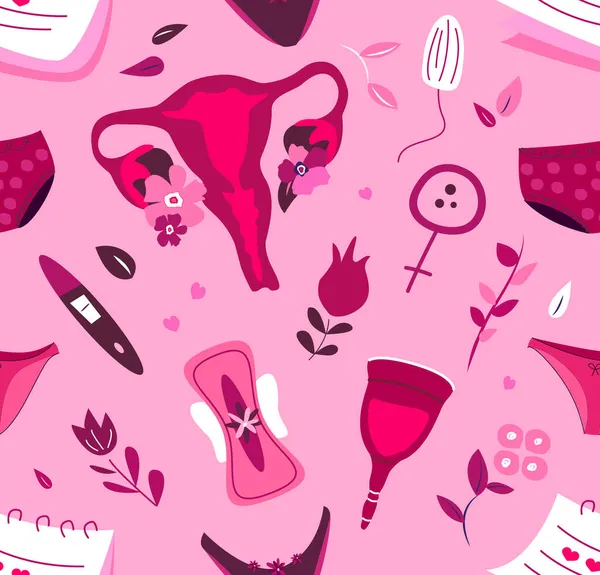 Feminism Menstruation concept Seamless edndless pattern.Womb Uterus.Female Ovaries.Vagina Symbol,female period with menstrual blood,panties,sanitary pad,tampon,reusable cup.Flat vector illustrations — стоковый вектор