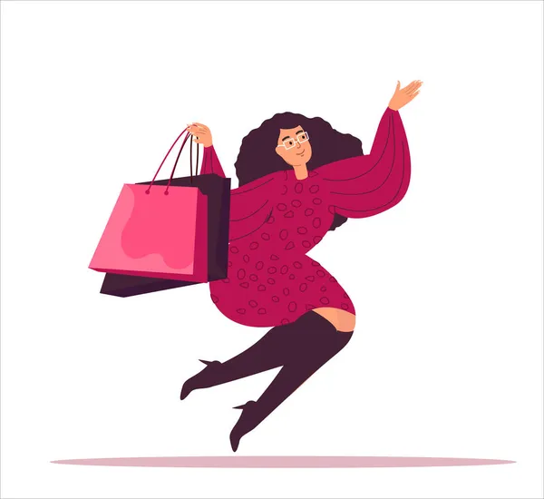 Shopaholic Woman Shopping Bags Happy Adult Woman Buy Festive Purchases - Stok Vektor