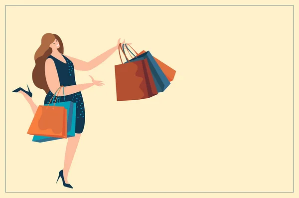 Shopaholic Frau Mit Einkaufstaschen Glückliche Erwachsene Frau Kaufen Festliche Einkäufe — Stockvektor