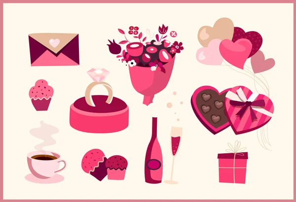 情人节套餐浪漫浪漫元素，婚戒，情人节信封，心形气球，香槟，甜巧克力糖果。邀请函、小册子及病媒图解 — 图库矢量图片