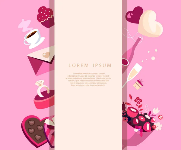 バレンタインデーのお祝いのための垂直広告バナーのデザイン ロマンチックなディナーのためのお祭りロマンチックな要素 ピンクの背景にデート — ストックベクタ