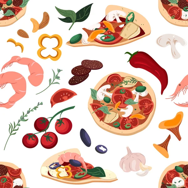 Eindeloos patroon voor pizzeria Menu met Pizza, ingrediënten op witte achtergrond.Template voor Italiaanse restaurants of cafés.Vector Platte illustratie van reclame Pizza ingrediënten, Italiaanse snack — Stockvector