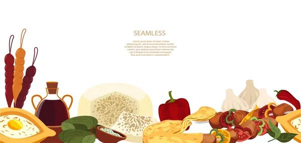 《亚洲传统食品》。不同的菜式广播海报。 Adjarian khachapuri, khinkali, dolma, dish.白色背景的平面矢量插图 — 图库矢量图片