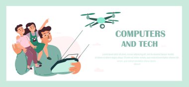Gülümseyen Baba, Çocuklar Uçan İnsanlarla Oynuyor. Baba, Oğul, Kız Robot Quadcopter, Innovation 'a bakın. Bilgisayarlar Teknik İniş Sayfası Şablonu. Uzaktan kumandalı uçak. Vektör İllüstrasyonu