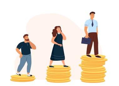 Maaş ve gelir artışı, iş konseptinde terfi. Çalışanlar düşük seviyeden yüksek finansal seviyeye yükselerek zengin oluyorlar. İnsanlar ve para. Düz vektör çizimi beyaz arkaplanda izole edildi