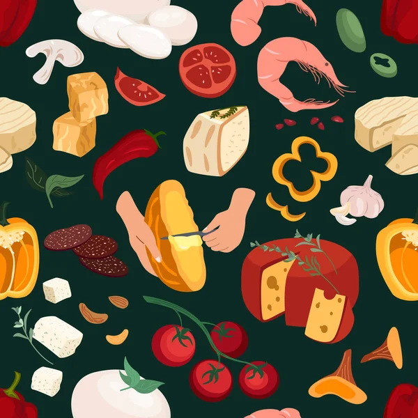 Bezproblémové Nekonečné Vzor Potravinami Italského Jídla Tmavém Pozadí Italský Sýr — Stockový vektor