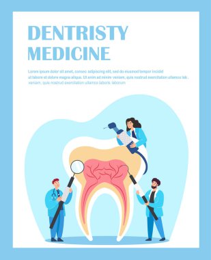Büyük Beyaz Diş İndirme Kliniği Diş Hekimliği. Diş Aynası ile Stomatolojide Tıp Doktoru. Ağız Cerrahisi Web Sayfası Düz Çizgi Film Vektör İllüstrasyonu beyaz arkaplanda