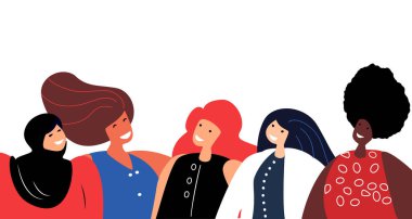 Uluslararası Kadınlar Günü 'nüz kutlu olsun. Feminizm kavramı. Parlak Güzel Farklı Kızlar Birlikte. Parti, 8 Mart Kutlaması. Özgür Özgüvenli Kadınlar. Kadın Güçlendirme. Vektör Düz Çizim