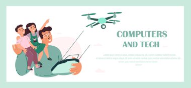 Mutlu Gülümseyen Baba, Çocuklar Uçan İnsanlarla Oynuyor. Baba, Oğul, Kız Robot Quadcopter, Innovation 'a bakın. Bilgisayar Teknolojisi İniş Sayfası Şablonu. Uzaktan Kumandalı Uçak.