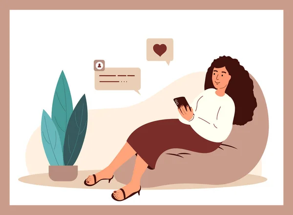 Mulher Mensagens Texto Usando Telefone Móvel Relaxar Conversar Pessoa Aplicativo — Vetor de Stock