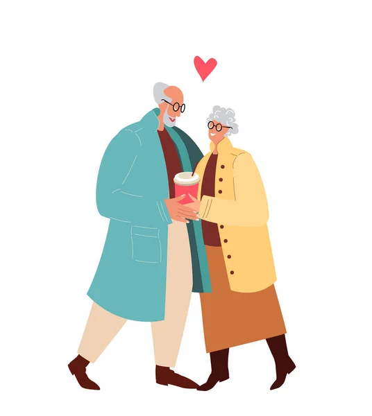 Happy Old Man Woman Embracing Hugging Loving Elderly Couple Drink — Stock Vector
