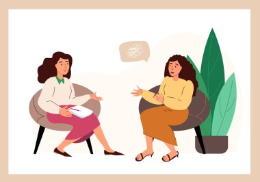 Depresyondaki Endişeli Genç Kadın Depresyon Endişesi Sıkıntısı Problemi Hayal kırıklığına uğradı. Endişeli Karakter Üzgün Oturuyor ya da Psikolog Doktor Kabinesinde Çaresiz. Çizgi film İnsanları Vektör İllüstrasyonu