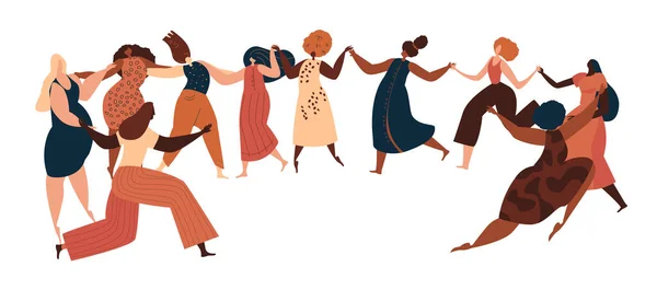 Happy International Woman Day Party.Confident Women Dancing in Female Circle Samen.Acht maart Viering. Bescherm vrije, zelfverzekerde vrouwen. Vrouwelijke, vrouwelijke empowerment Flat Vector Illustratie — Stockvector