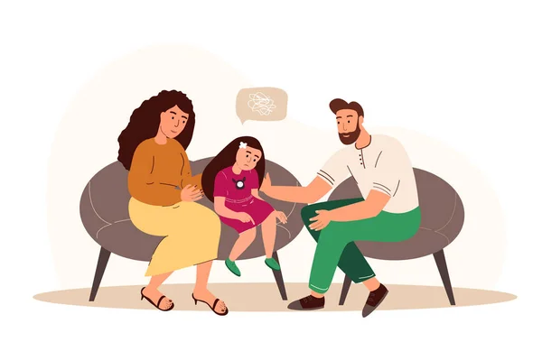 Eltern unterstützen ihr Kind, Mädchen, Vater und Mutter tröstend aufgewühlte Kid.Traurige Tochter mit ängstlicher Emotion, stumpfes Gesicht Sitzen auf Sofa mit Familienfiguren von Mutter und Vater .Cartoon People Vector Illustration — Stockvektor