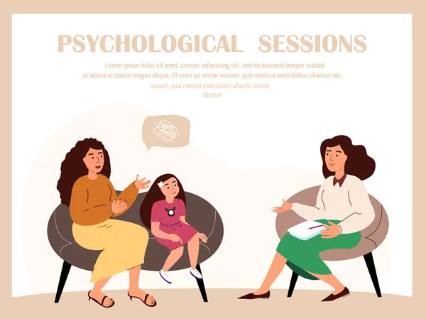 Psykologisk session.Unga oroliga kvinnor mor och flicka dotter i ångest problem känsla frustrated.Family tecken sitter desperat på psykolog läkare skåp. Människor vektor Illustration — Stock vektor