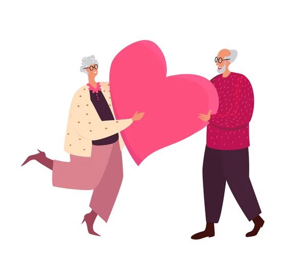 Happy Relationship Valentinstag Feier. Alter Mann und Frau umarmen und umarmen sich. Liebendes älteres Paar, gealterte Charaktere, Seniorenliebe, Liebesgefühle. Cartoon People Vektor Illustration — Stockvektor