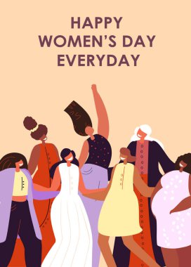 8 Mart için kadın toplumuyla birlikte kartpostal tasarımı. Mutlu Kadınlar Günü yazıları ve çeşitli gülümseyen feministlerle birlikte dikey tebrik kartı. Kendinden emin kızlar. Renkli düz vektör çizimi.