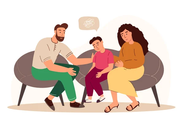 Eltern unterstützen und helfen ihrem Kind, Jungen, Vater und Mutter tröstend aufgewühlte Kid.Trauriger Sohn mit ängstlicher Emotion, trübes Gesicht Sitzen auf Sofa mit Mama und Papa Familiencharakteristen.Cartoon People Vector Illustration — Stockvektor