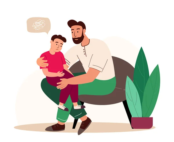 Parent Daddy Support his Child,Boy,Father Comforting Upset Kid.Sad Son,Anxious Emotion.Father and Son Sit,Warm Talks,Speak Share Problems.Parent Character Support Child.People Vector Illustration — Stock Vector