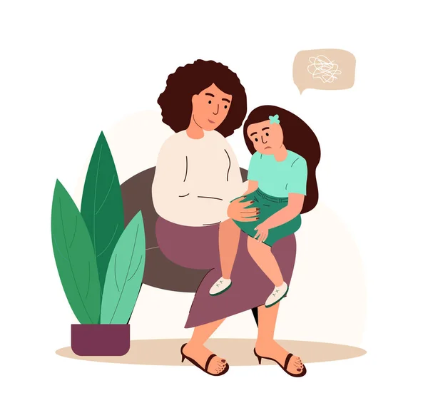 Parent Support her Child,Girl,Mother helping resolve difficult situation.Sad Daughter,Anxious Emotion.Mom,Daughter Sit,Speak Share Problems.Parent Character Support Child.People Vector Illustration — Stock Vector