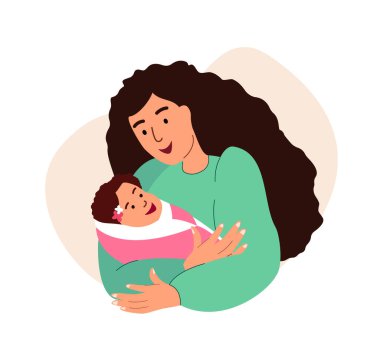 Anne kucağında yeni doğmuş bebeğe sarılıyor. Genç anne, bebeğe sevgiyle sarılıyor. Uyuyan yeni doğmuş çocuğu olan kadın ebeveyn. Düz grafik vektör çizimi beyaz arkaplanda izole edildi