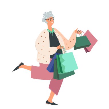 Mutlu yaşlı kadın bir sürü alışveriş çantası taşıyor. Moda alışverişi yapan, satın alanlar. Satış üstüne alıcı. Moda müşteriler bir sürü çanta taşır.
