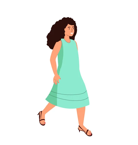 Vrolijk wandelende stijlvolle vrouw glimlachend in groene jurk. Blij tevreden persoon met positieve gevoelens, goede emoties. Verrukt tevreden vrouw. Vlakke vector illustratie geïsoleerd op witte achtergrond — Stockvector