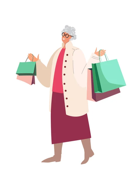 Happy old lady woman hold a lot of shopping bags.Fashion Nyugdíjas vásárló, vásárlások kézben.Vevő eladás után.Divatos ügyfél hordoz sok csomagot.Lapos vektor illusztráció elszigetelt, fehér háttér — Stock Vector