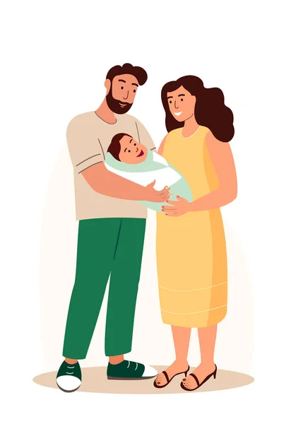 Famille heureuse avec bébé nouveau-né.Jeunes parents et nouveau-né fils ou fille dans les mains.Mère, père tenant bébé avec amour.Concept de parentalité.Illustration vectorielle plate isolé fond blanc — Image vectorielle