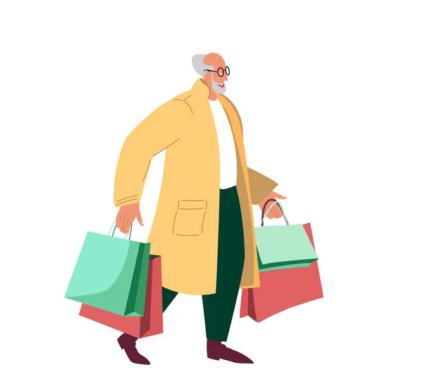 Boldog öreg Stílusos ember tart egy csomó bevásárlószatyrokat.Divat nyugdíjas vásárló, vásárlások a kezében.Vevő eladás után.Divatos ügyfél hordoz sok csomagot.Lapos vektor illusztráció elszigetelt, fehér háttér — Stock Vector
